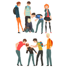 Conflict between teenagers, mockery and bullying at school vector Illustration on a white background