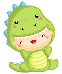 a cute baby wearing a dinosaur costume