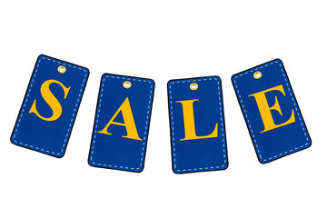 Discount tags or labels in denim color with space for text. Discount card isolated on white...