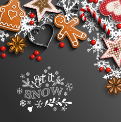 Christmas background with cookies and ornaments and snowflakes