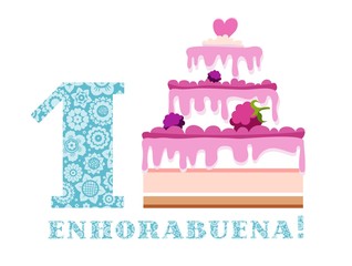 Anniversary greetings, 1 year, berry cake, Spanish, white, blue, vector. The inscription in Spanish 