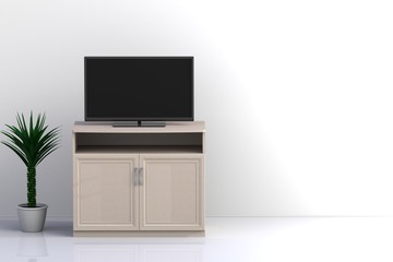 Fototapeta premium Interior of empty room with TV, Living room led tv on white wall with wooden table modern loft style, 3d rendering