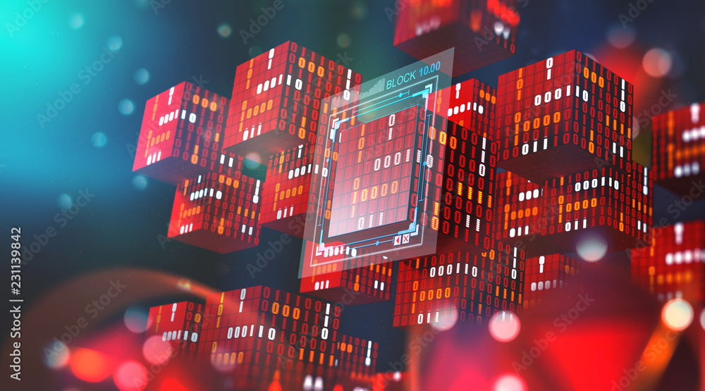 Poster Blockchain technology. Information blocks in digital space. Decentralized global network. Cyberspace data protection. 3D illustration with elements of a binary code