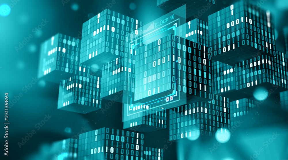 Fototapete Blockchain technology. Information blocks in digital space. Decentralized global network. Cyberspace data protection. 3D illustration with elements of a binary code