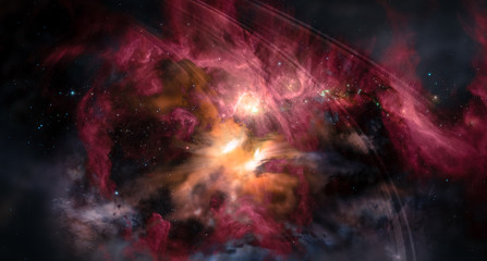 Landscape background of fantasy alien galaxy with glowing clouds and stars with light at the middle. The elements of this image furnished by NASA.