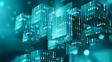 Blockchain technology. Information blocks in digital space. Decentralized global network. Cyberspace data protection. 3D illustration with elements of a binary code