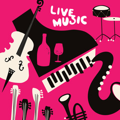 Live music and wine flat background vector illustration. Party flyer, music club, wine tasting event, wine festival, celebrations poster for brochure, card, promotion banner with music instruments