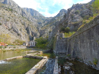 Fototapeta na wymiar A view to the old town wall from River gates in Kotor, Montenegro