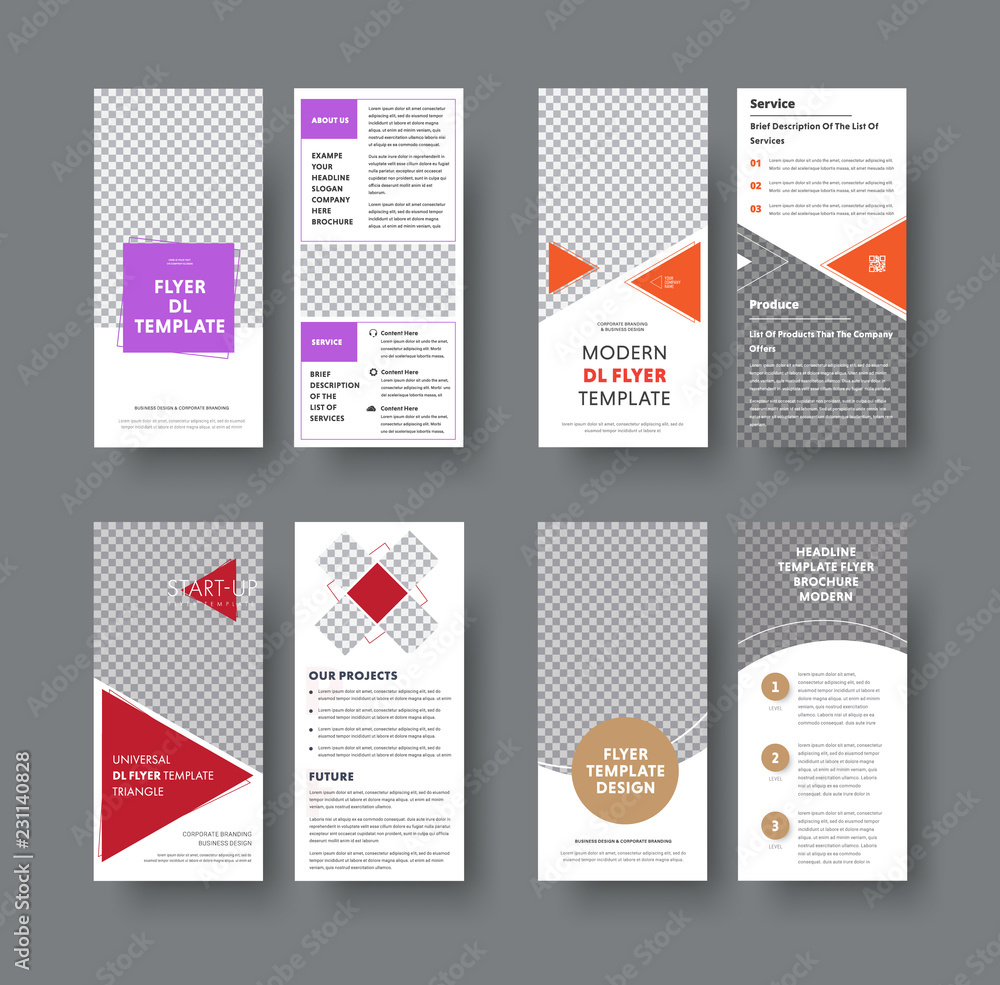 Poster set of vector dl flyers with different geometric elements and a place for a photo.