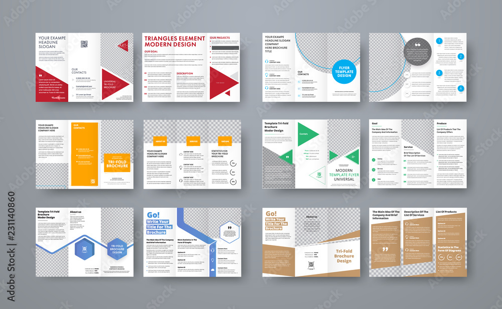 Poster Set of vector trifold brochures with different geometric elements and space for photo.