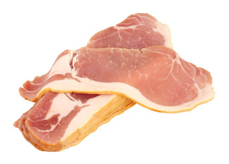Raw smoked back bacon rashers isolated on a white background