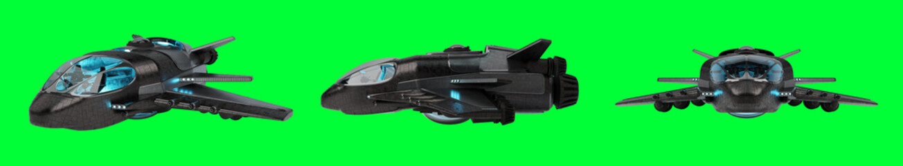 Futuristic spacecraft collection isolated on green background 3D rendering