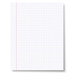 Notebook checkered sheet of paper placed vertically isolated on white background. Vector paper template.