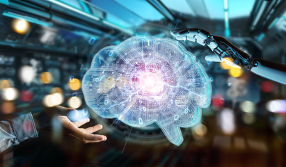 Robot creating artificial intelligence in a digital brain 3D rendering