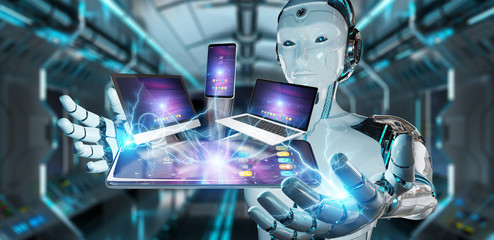 Modern devices connected in robot hand 3D rendering