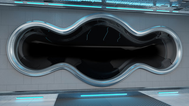 White tech spaceship round window interior background 3D rendering
