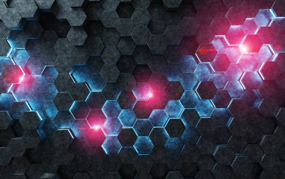 Black blue and pink hexagons background pattern 3D rendering