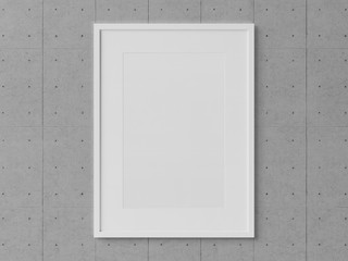 White rectangular vertical frame hanging on a white wall mockup 3D rendering