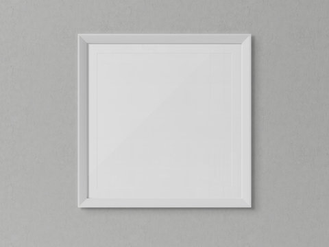White squared frame hanging on a white wall mockup 3D rendering