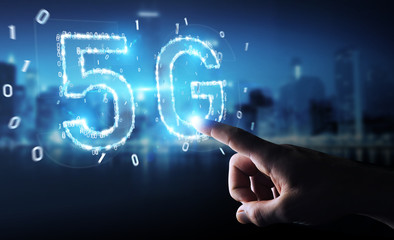 Businessman using 5G network digital hologram 3D rendering