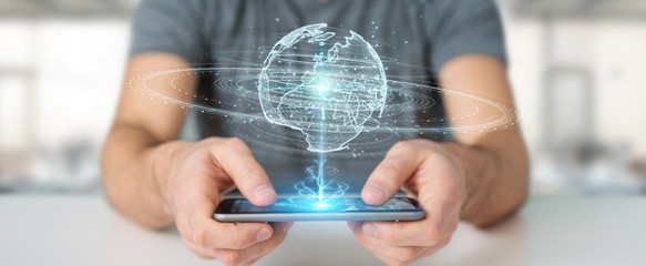 Businessman using globe network hologram with Europe map 3D rendering