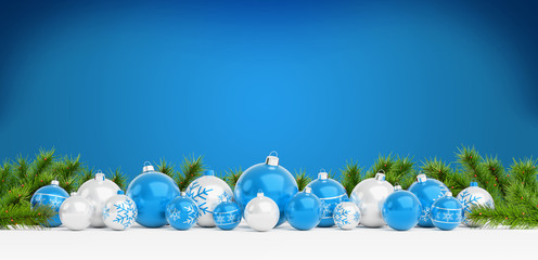 Blue and white christmas baubles lined up 3D rendering