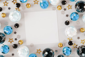 Christmas card mockup with blue baubles 3D rendering