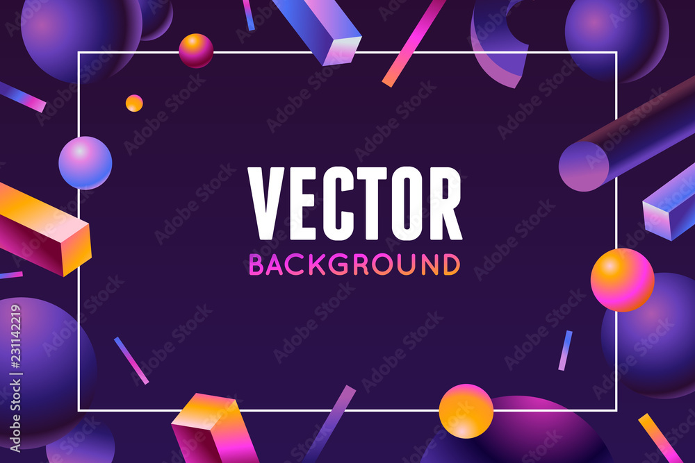 Poster Vector design template and illustration in 80's style and bright gradient colors with abstract geometric shapes and copy space