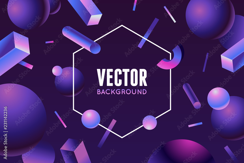 Poster Vector design template and illustration in 80's style and bright gradient colors with abstract geometric shapes