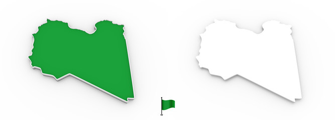 3D map of Libya white silhouette and flag