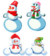 Set of four snowmen in various headdresses and in different scarves