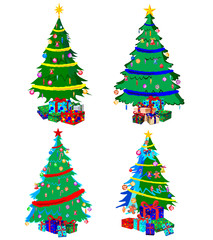Star decorations, balls and light chains decorated Christmas trees with lots of gift boxes.