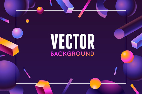 Vector design template and illustration in 80's style and bright gradient colors with abstract geometric shapes and copy space