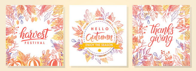 Autumn seasonals postes with autumn leaves and floral elements in fall colors.Autumn greetings cards perfect for prints,flyers,banners,invitations,promotions and more.Vector autumn illustration..