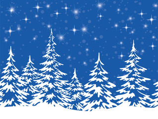 Obraz premium Christmas Holiday Seamless Horizontal Background, Winter Landscape, Fir Trees with Snow, White Silhouettes against the Blue Night Sky with Stars. Vector