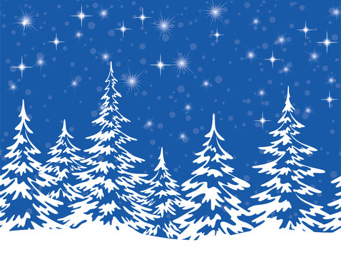 Christmas Holiday Seamless Horizontal Background, Winter Landscape, Fir Trees with Snow, White Silhouettes against the Blue Night Sky with Stars. Vector