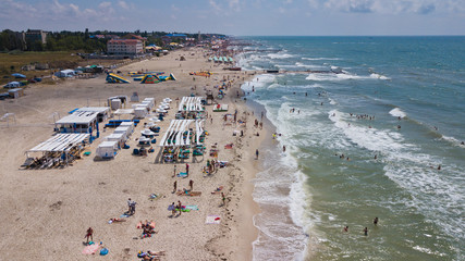 Chernomosk, Ukraine - June 30, 2018: Aerial view from the air on the luxury bungalow on the beach