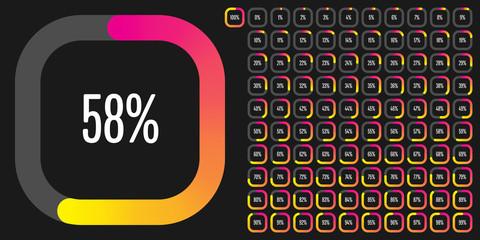 Set of rectangle percentage diagrams (meters) from 0 to 100 ready-to-use for web design, user interface (UI) or infographic - indicator with gradient from magenta (hot pink) to yellow - obrazy, fototapety, plakaty