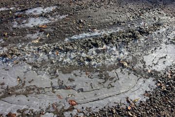 frozen puddle on dirt road