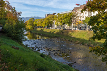Fototapeta na wymiar River Limmat passing through Zurich, Switzeraldn. More outer and wild side of the river is shown.