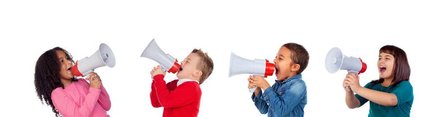 Funny children shouting through a megaphone to his friend - obrazy, fototapety, plakaty