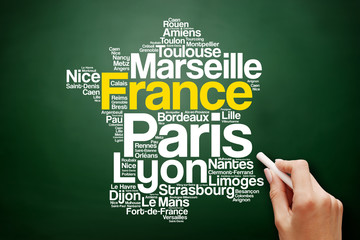 List of cities and towns in FRANCE, map word cloud collage, business and travel concept background.