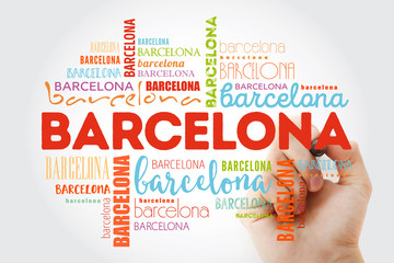 Barcelona wallpaper word cloud with marker, travel concept background © dizain