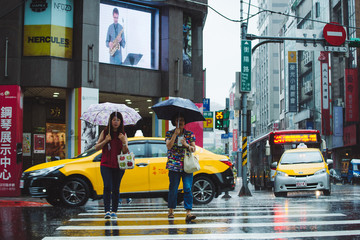 Taipei City, Taiwan - June 26,2018: Street in the heavy rain