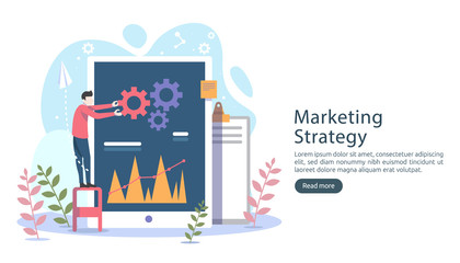 digital marketing strategy concept with tiny people character, table, graphic object on computer screen. online social media marketing modern flat design for landing page and mobile website template.