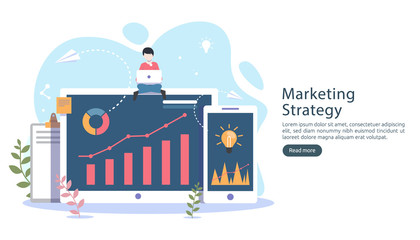 digital marketing strategy concept with tiny people character, table, graphic object on computer screen. online social media marketing modern flat design for landing page and mobile website template.