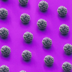 Pattern of pine cones on purple holographic background. Creative minimal concept of Christmas and New Year holidays