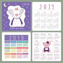 Calendar 2019. English colorful set. Week starts on Sunday. Pig. Cartoon piggy. Chinese horoscope. Happy New Year. Christmas card. Basic grid