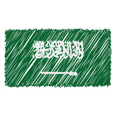 Hand Drawn National Flag Of Saudi Arabia Isolated On A White Background. Vector Sketch Style Illustration. Unique Pattern Design For Brochures, Printed Materials, Logos, Independence Day