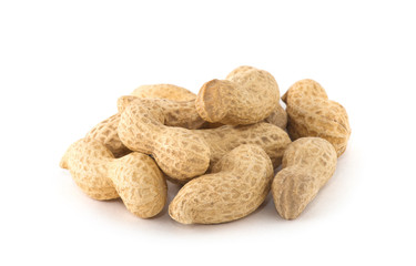 Dried peanuts on the white background.